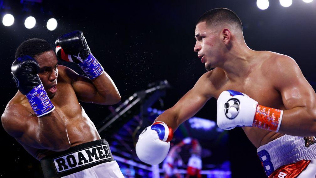 Edgar Berlanga, right, battles Alexis Angulo during their NABO super middleweight championship fight 