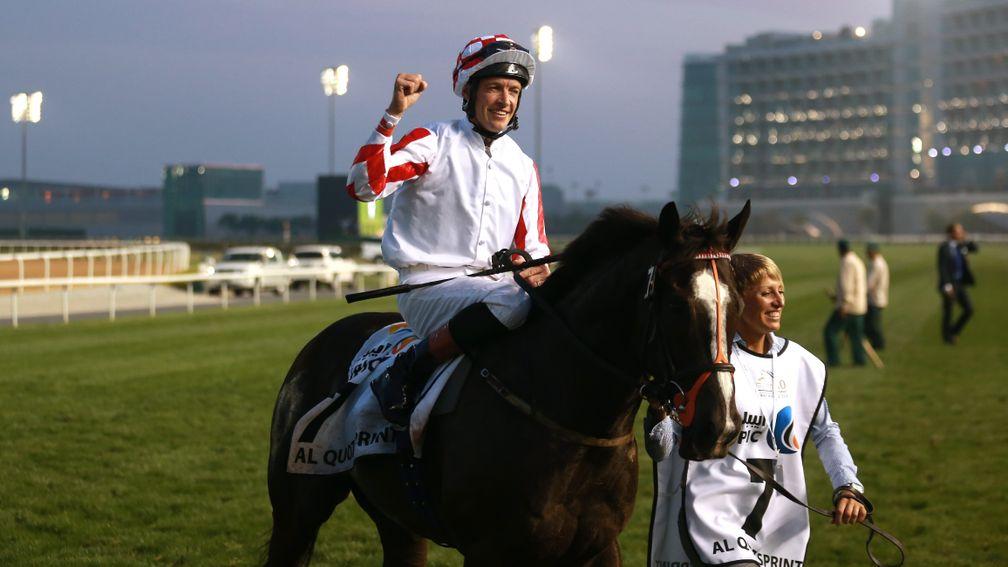 Richard Hughes celebrates riding Sole Power to victory at the Dubai World Cup in 2015