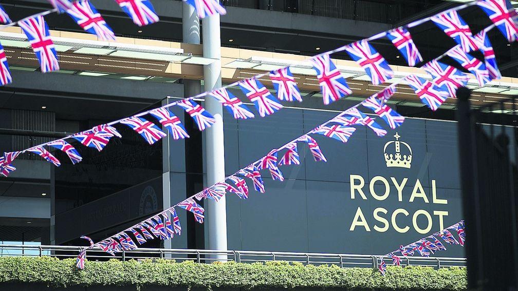 Union Jack bunting around the bandstand ahead of the Royal meeting Ascot 14.6.21 Pic: Edward Whitaker