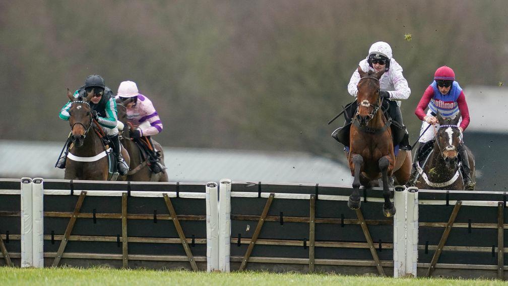 Springwell Bay and Jonjo O'Neill on their way to winning the opening novice hurdle at Ascot on Saturday