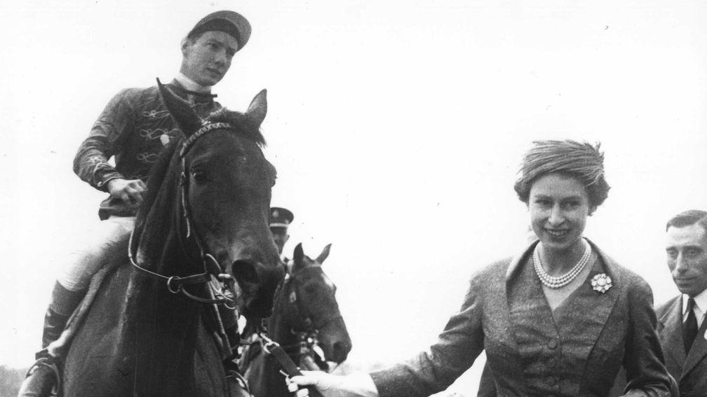 The Queen leads in her first Classic winner, Carrozza, who won the Oaks at Epsom with Lester Piggott in the saddle