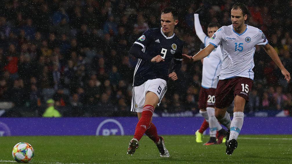 Dundee United Lawrence Shankland scores for Scotland against San Marino