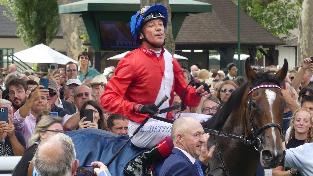 Inspiral and Frankie Dettori after winning back-to-back editions of the Prix Jacques le Marois