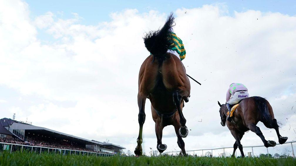 NAAS, IRELAND - MAY 02: Robbie Power riding Chacun Pour Soi (R) clear the last to win The Ryanair Novice Chase from Defi Du Seuil (L)at Punchestown Racecourse on May 02, 2019 in Naas, Ireland. (Photo by Alan Crowhurst/Getty Images)