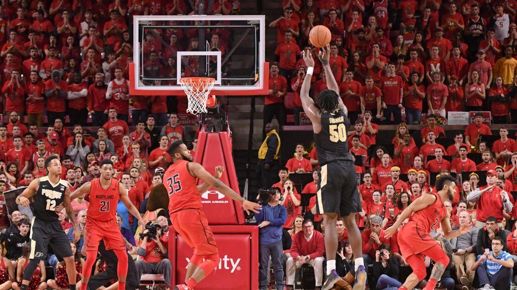 Purdue Boilermakers forward Caleb Swanigan sinks a three-point shot against the Maryland Terrapins