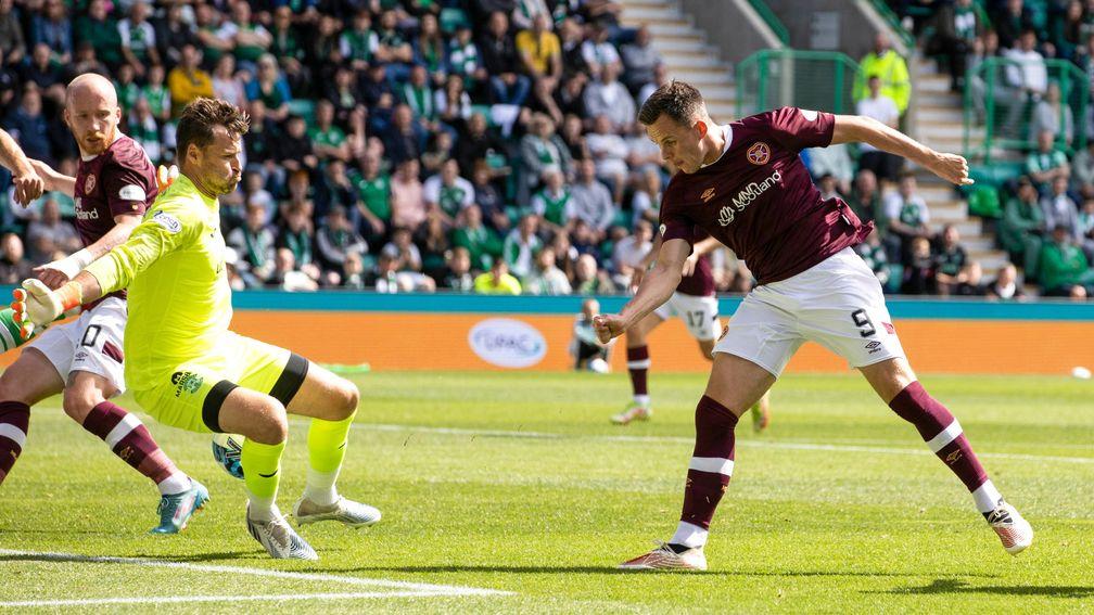 Lawrence Shankland puts Hearts 1-0 in their Edinburgh derby against Hibernian which ended in a 1-1 draw