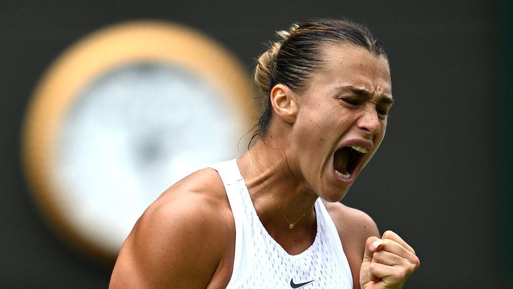 Aryna Sabalenka celebrates reaching the Wimbledon semi-finals