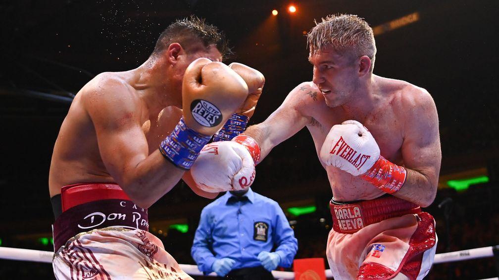 Liam Smith (right) trades blows with Jessie Vargas on his way to victory in New York in April