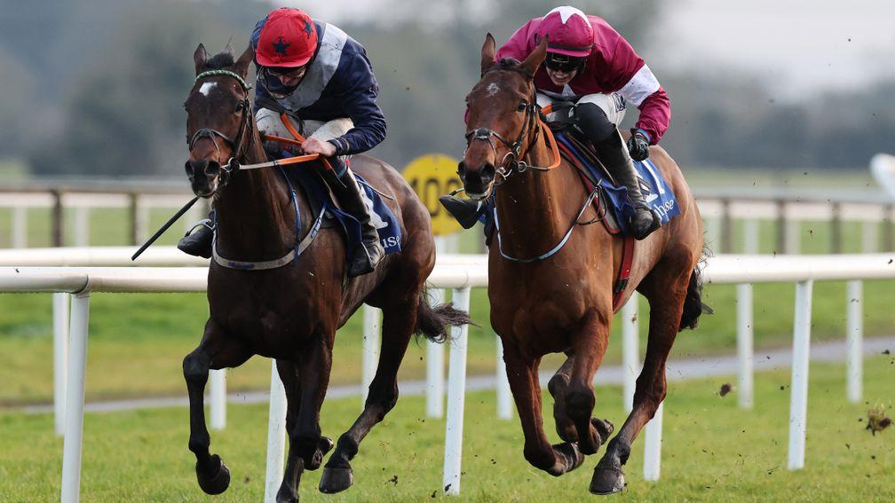 Harry Swan guides The Storyteller's brother Stellar Story (right) to a narrow success at Fairyhouse