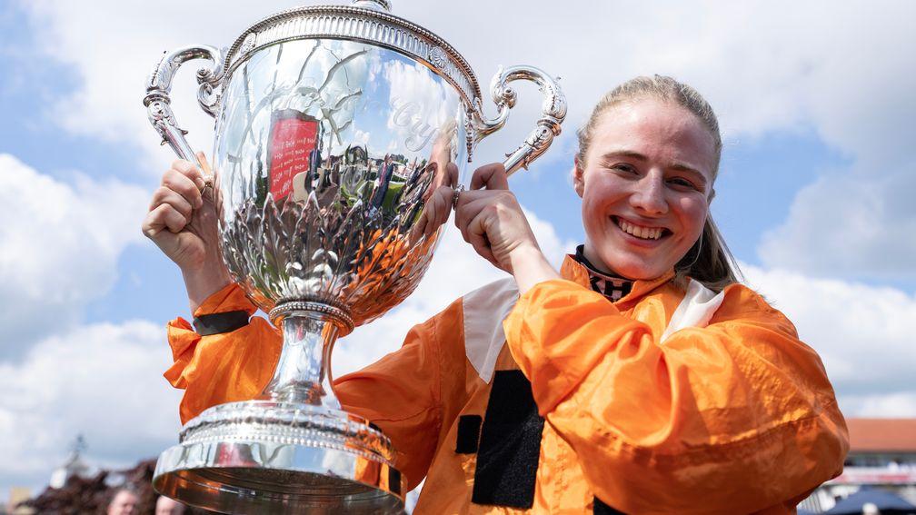Saffie Osborne celebrates after winning the Chester Cup on Metier