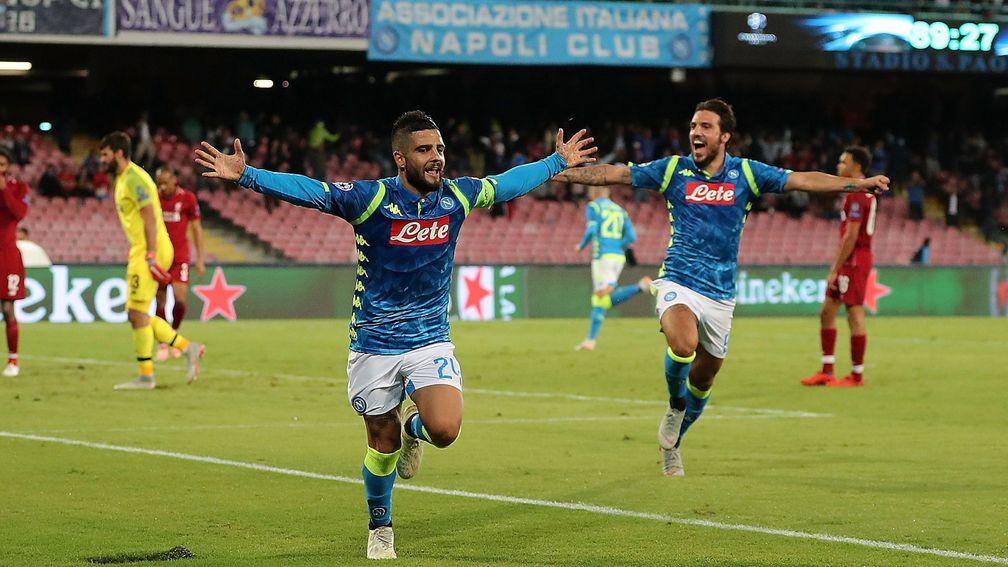 Napoli's Lorenzo Insigne and Simone Verdi celebrate a goal against Liverpool