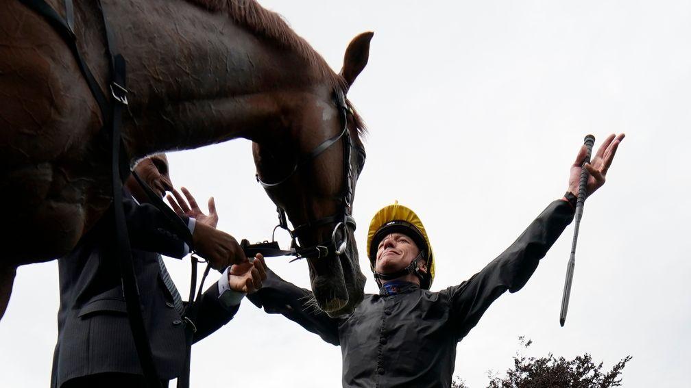 YORK, ENGLAND - MAY 17: Frankie Dettori celebrates after riding Stradivarius to win The Matchbook Yorkshire Cup Stakes at York Racecourse on May 17, 2019 in York, England. (Photo by Alan Crowhurst/Getty Images)