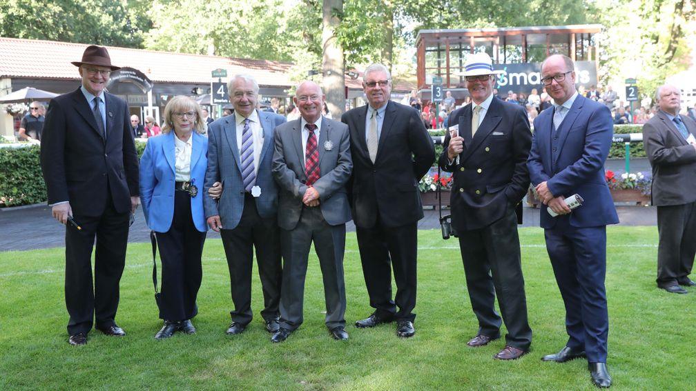 Racing gathered at Haydock to honour Mike Harbridge (centre, red tie). Those paying tribute included clerks of the course Kirkland Tellwright (far left), Charlie Moore (in panama hat) and Keith Ottesen (far right)
