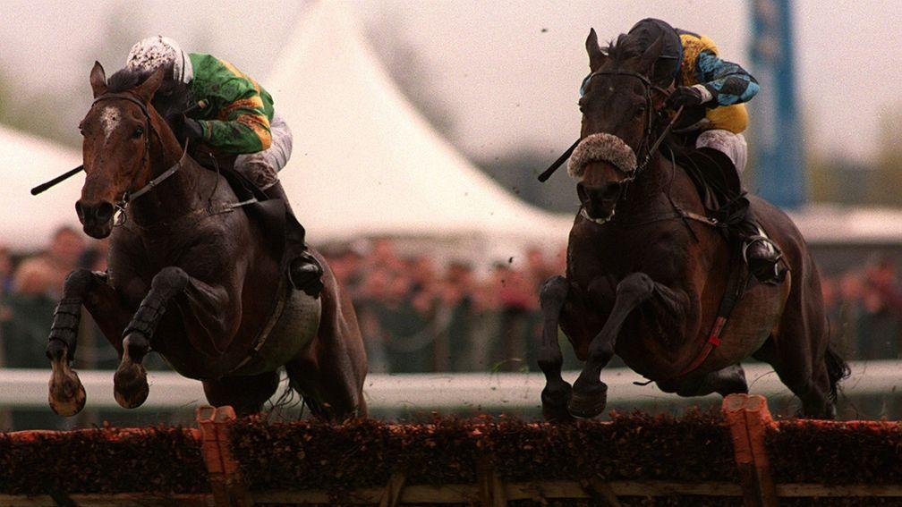 Pridwell (right) leads at the last to beat Istabraq at Aintree in April 1998
