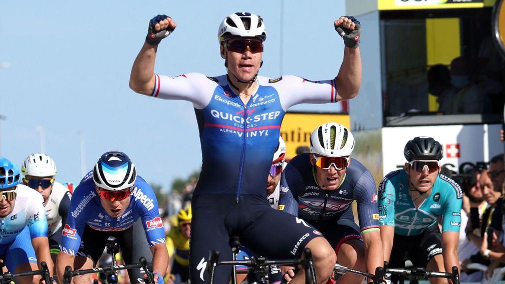 Fabio Jakobsen celebrates his victory on stage two of this year's Tour de France