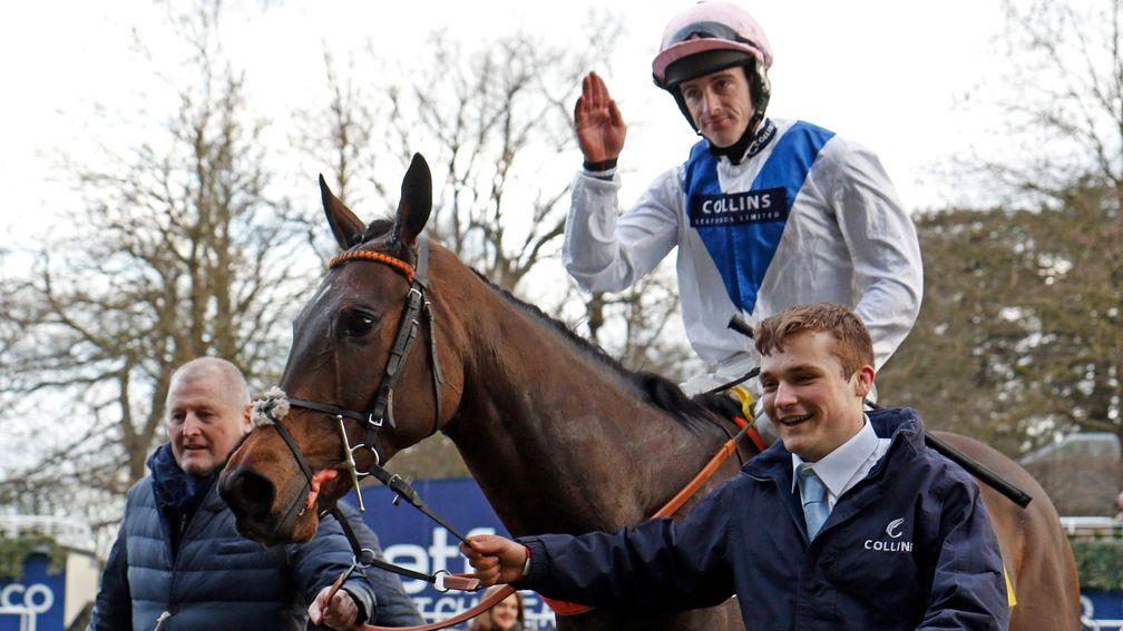 Brian Hughes celebrates on Waiting Patiently after their Ascot Chase victory in 2018