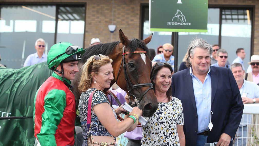 Craig Kieswetter's parents, Wayne and Belinda (right and second right) with Maureen Haggas and Danny Tudhope after Urban Fox's Pretty Polly Stakes success