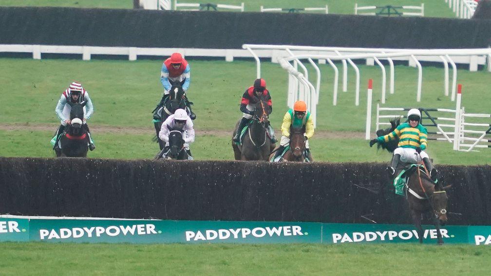 Champ and Barry Geraghty are clear of eventual winner Midnight Shadow when getting the second-last fence badly wrong in the Dipper Novices' Chase at Cheltenham on New Year's Day