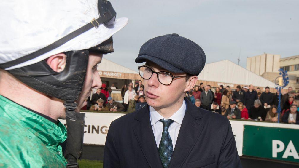 Joseph O'Brien discusses Le Richebourg's Racing Post Novice Chase success at Leopardstown on Wednesday with winning jockey Mark Walsh