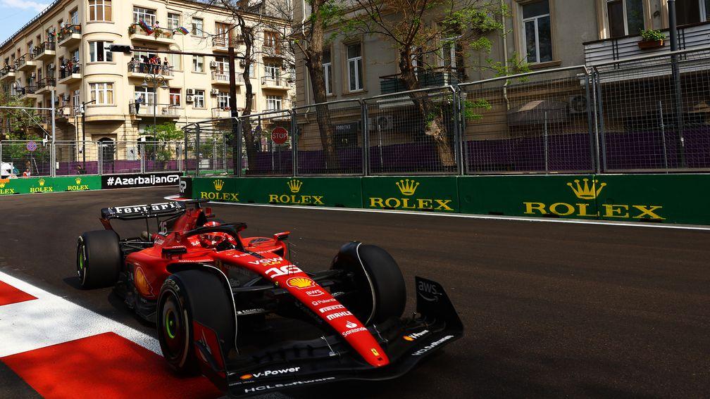 Charles Leclerc driving the Ferrari SF-23 on track during the F1 Grand Prix of Azerbaijan at Baku City Circuit