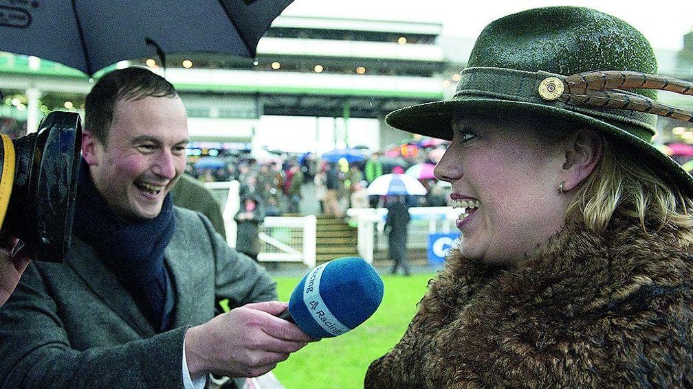 Tom Lee interviews his sister Kerry Lee after Mountainous had won the Welsh NationalChepstow 9.1.16 Pic: Edward Whitaker