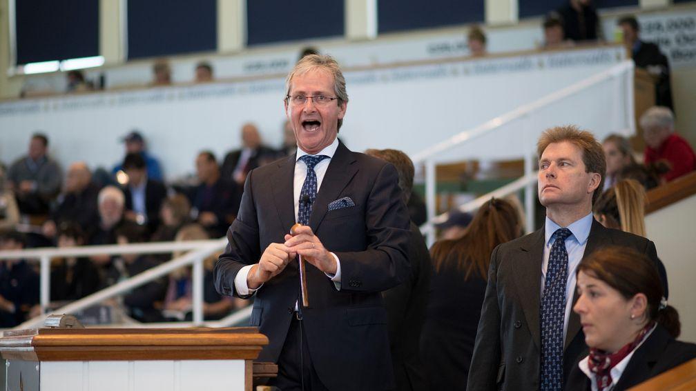 Auctioneer John O'Kelly gets animated on the rostrum during last year's Book 1 of the Tattersalls October Yearling Sale