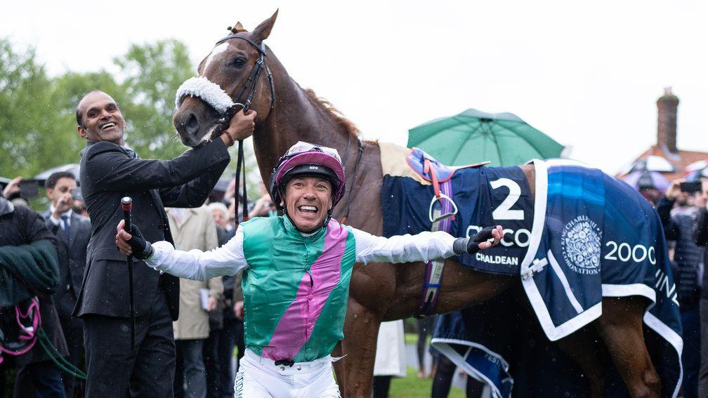 Frankie Dettori executes a perfect landing to a flying dismount completed after his 2,000 Guineas success on Chaldean