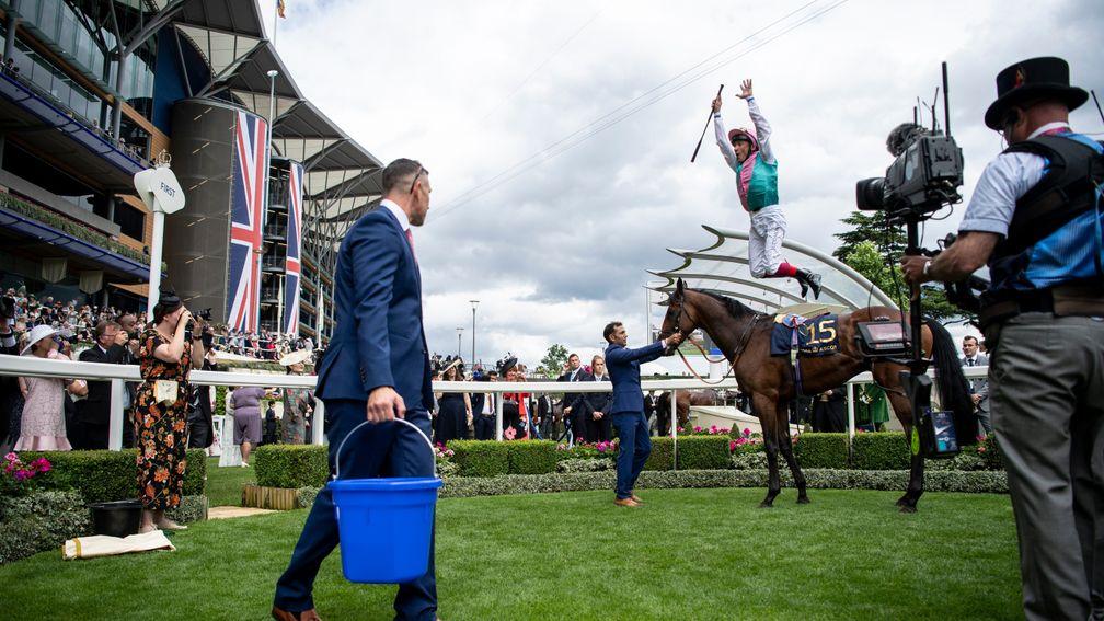 Frankie Dettori does a flying dismount after Sangarius' win at Royal Ascot