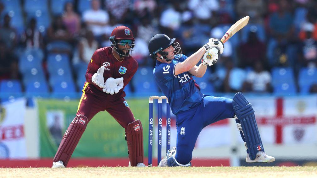 Harry Brook hits a six in the first ODI against the West Indies
