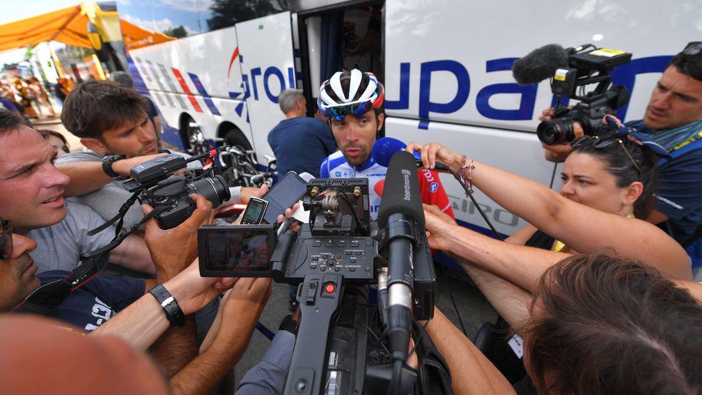 Thibaut Pinot faces the media after stage 12