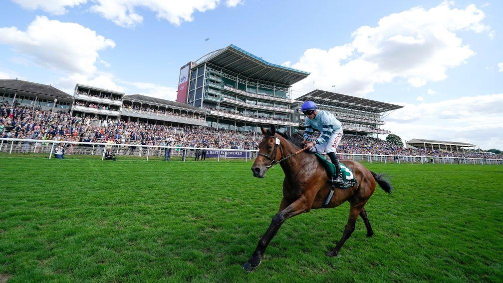 YORK, ENGLAND - AUGUST 19: Tom Marquand riding Quickthorn win The Weatherbys Hamilton Lonsdale Cup Stakes at York Racecourse on August 19, 2022 in York, England. (Photo by Alan Crowhurst/Getty Images)