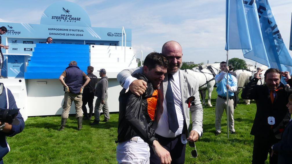 Clement Lefebvre and co-owner/breeder Frederic Hinderze after Gran Diose wins the Grand Steeple-Chase de Paris