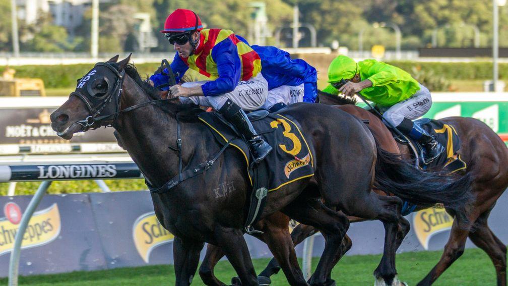 Pierata (left) wins the All Aged Stakes at Randwick