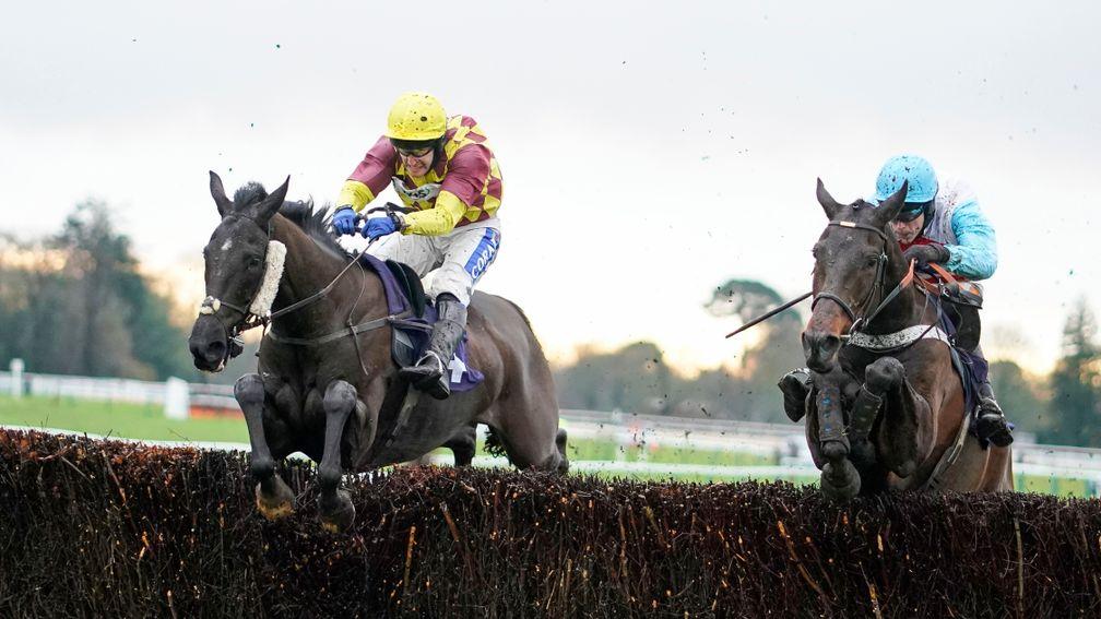 FONTWELL, ENGLAND - JANUARY 14: Tom Scudamore riding Umbrigado (L) clear the last to win The Subscribe To attheraces On YouTube Novices' Chase at Fontwell Park Racecourse on January 14, 2021 in Fontwell, England. Due to the Coronavirus pandemic, owners al