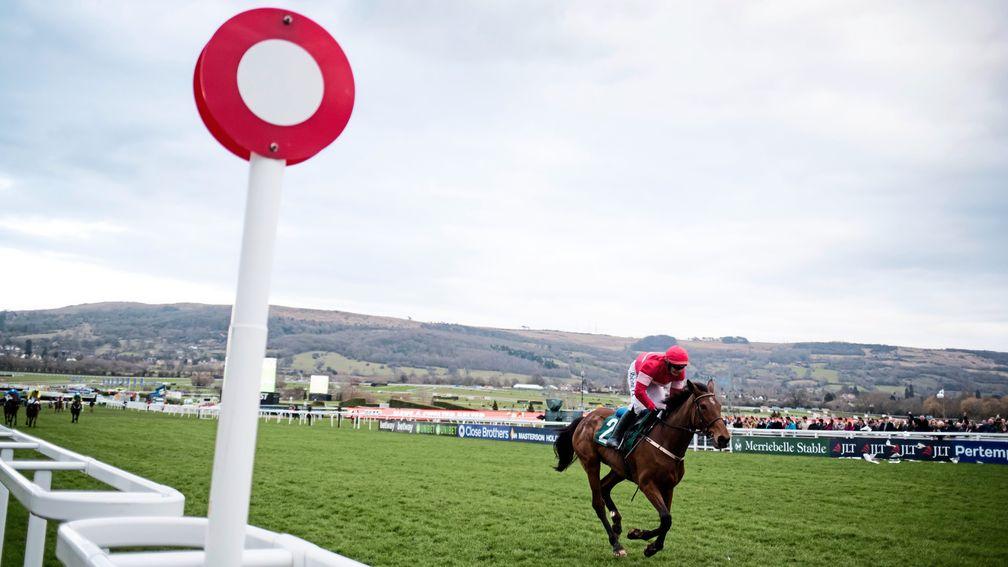 Out on her own: Laurina trots up in the Mares' Novices' Hurdle at Cheltenham
