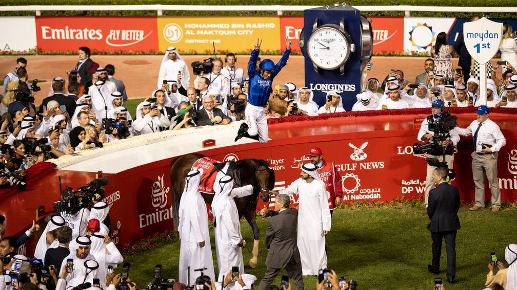 Christophe Soumillon leaps from Thunder Snow after the Dubai World Cup