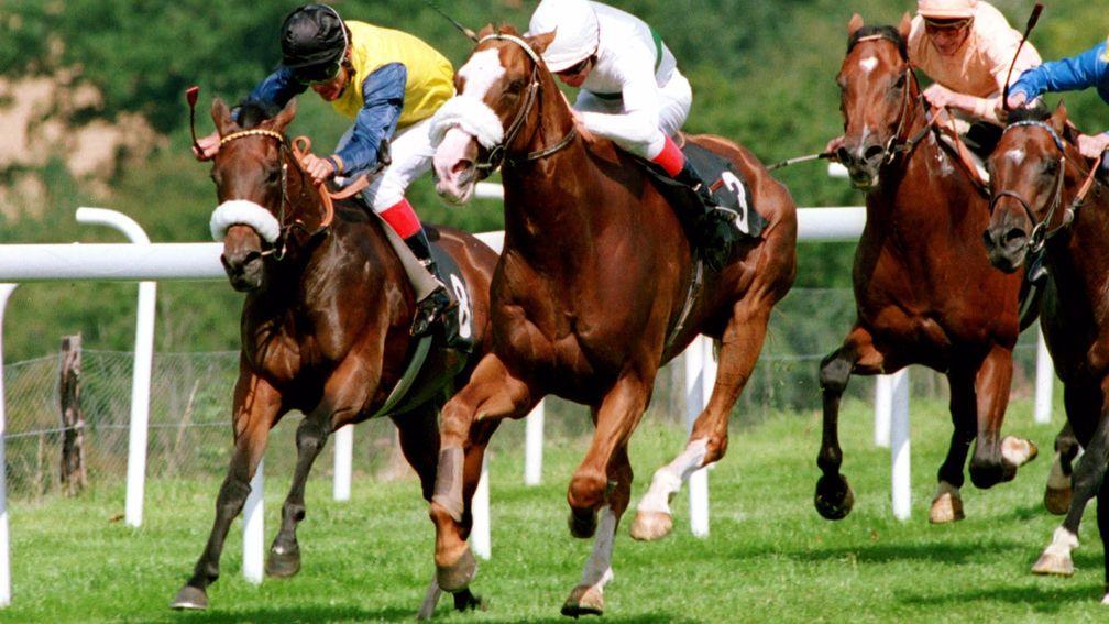 The original Duel on the Downs: Marling (Pat Eddery, far side) fights off Selkirk (Ray Cochrane) in the Sussex Stakes of 1992