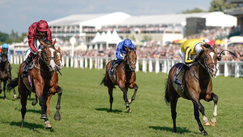 Burdett Road (yellow) wins the Golden Gates Stakes at Royal Ascot
