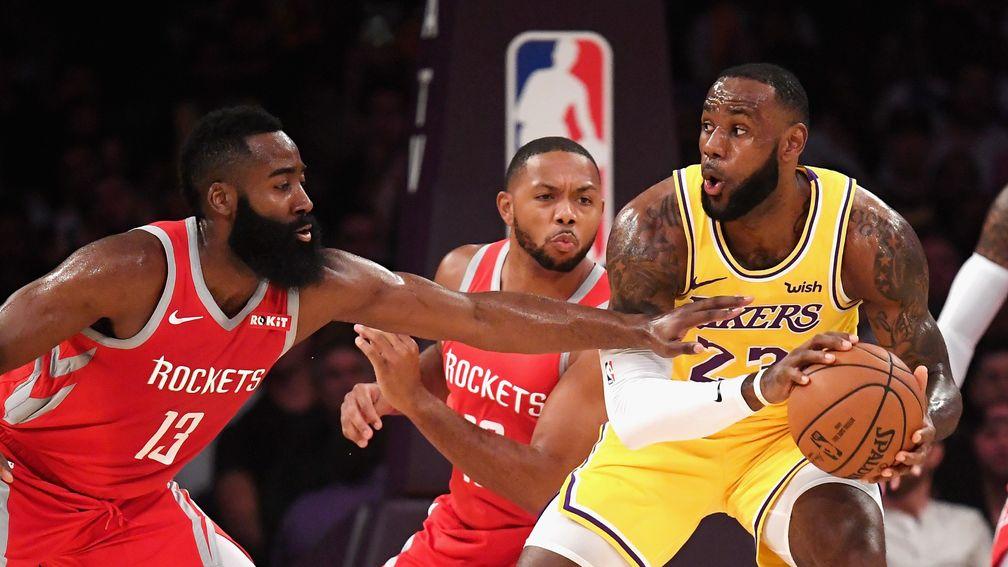 LeBron James of the Los Angeles Lakers in action against the Houston Rockets