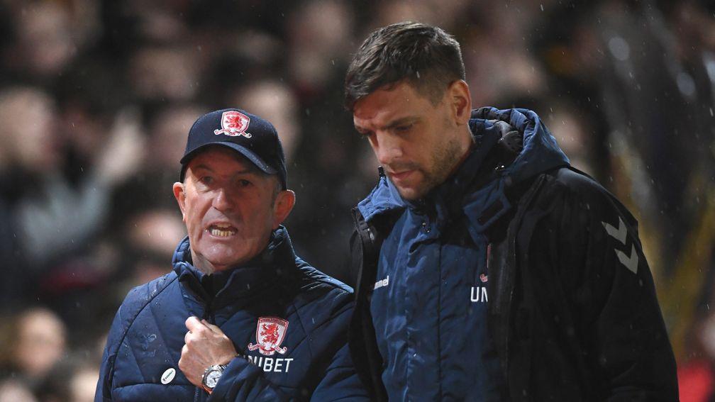Former Middlesbrough manager Tony Pulis passes on some advice to Jonathan Woodgate