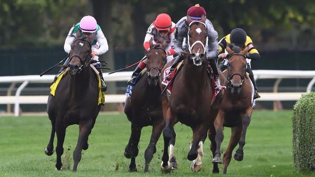 Ectot (maroon cap) leads the field home in the Joe Hirsch Turf Classic Stakes