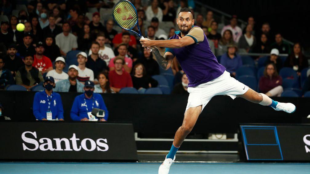 Nick Kyrgios at full stretch in his five-set loss to Dominic Thiem in the Australian Open in February