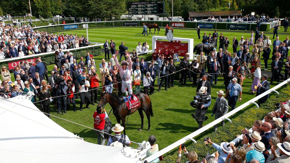 A packed Goodwood watch on as Frankie Dettori leaps of 2019 Sussex Stakes winner Too Darn Hot