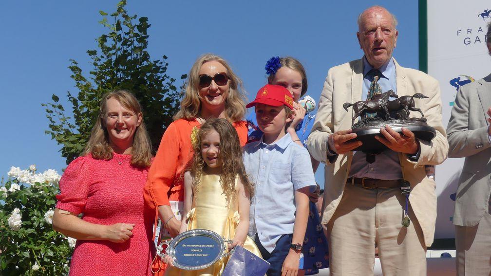 John Fairley with members of his family and the trophy for the Prix Maurice de Gheest after Highfield Princess's victory last August