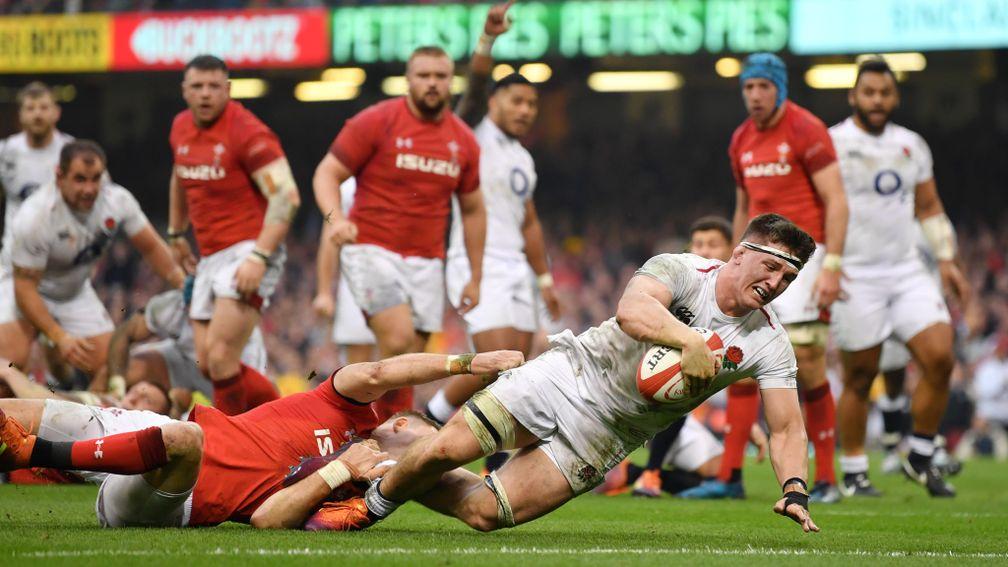 England backrower Tom Curry touches down for the first try in last year's Six Nations meeting with Wales in Cardiff