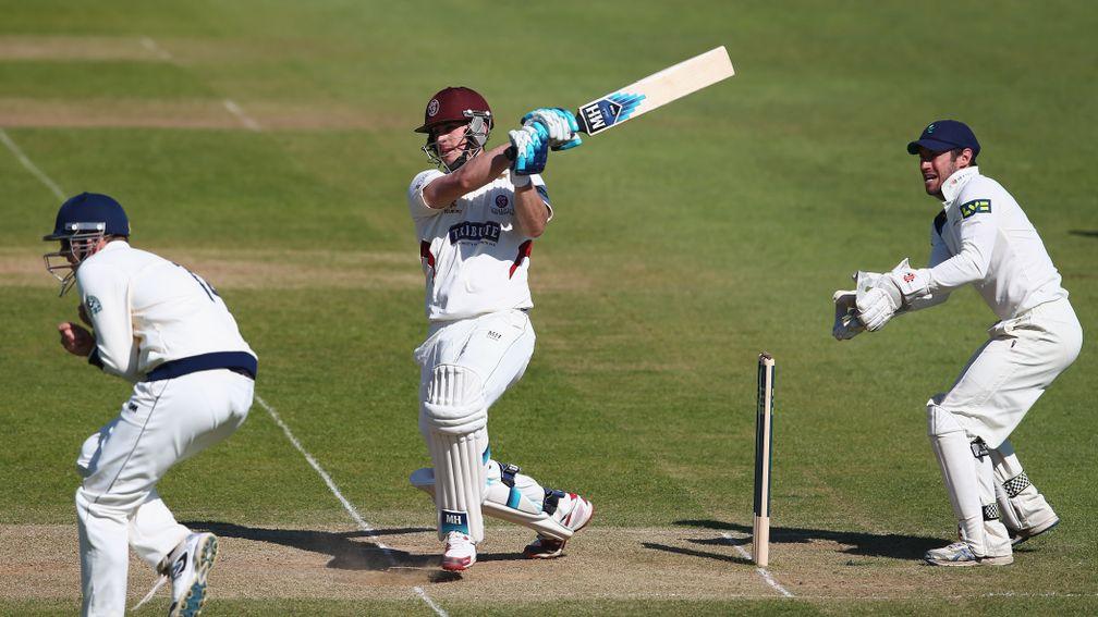 Craig Kieswetter knocks a delivery for four during Somerset's game against Yorkshire in April 2014