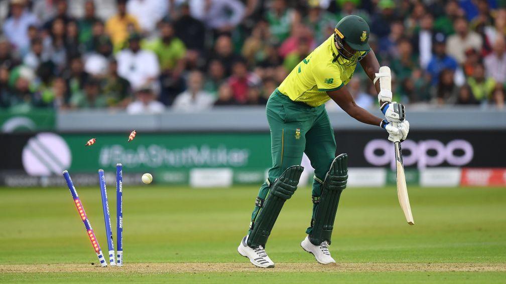 Lungi Ngidi is bowled by Wahab Riaz as South Africa slipped to a fifth defeat in six games