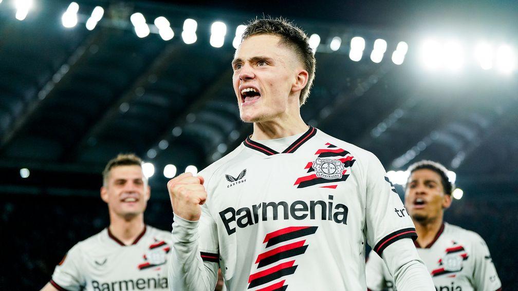 Leverkusen's Florian Wirtz celebrates his first-leg goal against Roma
