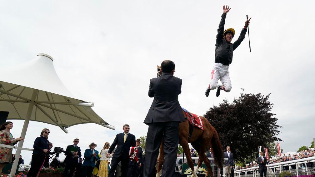 YORK, ENGLAND - MAY 17: Frankie Dettori celebrates after riding Stradivarius to win The Matchbook Yorkshire Cup Stakes at York Racecourse on May 17, 2019 in York, England. (Photo by Alan Crowhurst/Getty Images)