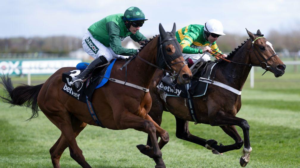 Jonbon (far side): got up late to win the Top Novices' Hurdle at Aintree